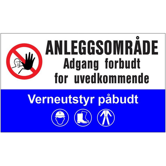 Skilt "Anleggsområde Adgang forbudt for uvedkommende Verneutstyr påbudt" dekorfolie, 1000x600 mm